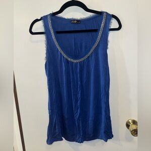 Women’s Fylo Blue Scoop Neck Tank Top with Silver-Trimmed Neckline Frayed Medium